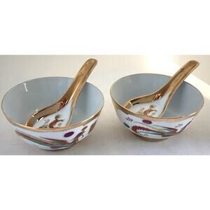 CHINESE SOUP/RICE/NOODLE BOWLS-Spoons-Vintage-Gold Trim-Phoenix & Dragon-Set 2